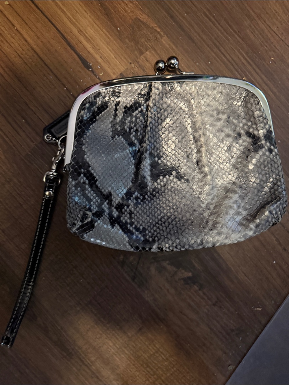 Coach Gray Snake-Print Kiss-Lock Wristlet